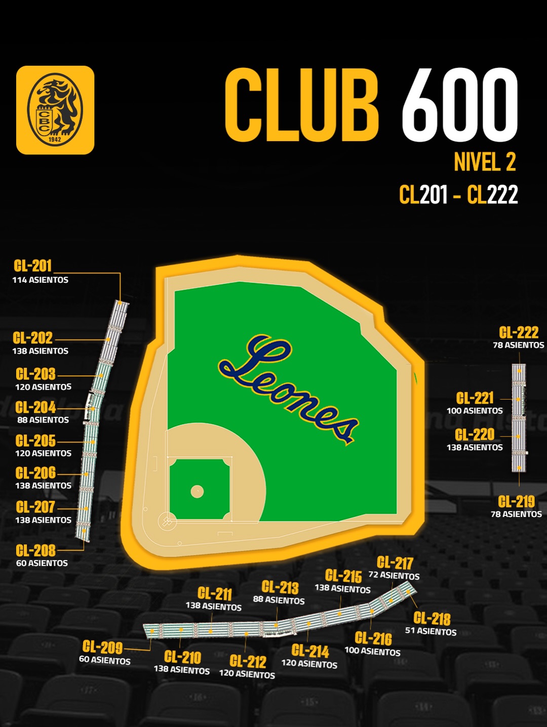 Club 600, nivel 2, secciones CL201 a CL222